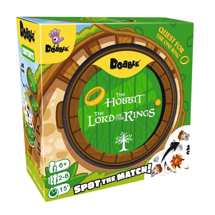 The Hobbit: The Lord of the Rings board game box by Dobble, featuring a green and brown themed design with the Hobbit Hole illustration and character illustrations on the front and side. Dobble Quest for the One Ring - The Hobbit and The Lord of the Rings