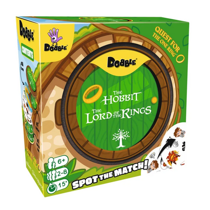 The Hobbit: The Lord of the Rings board game box by Dobble, featuring a green and brown themed design with the Hobbit Hole illustration and character illustrations on the front and side. Dobble Quest for the One Ring - The Hobbit and The Lord of the Rings