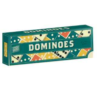 Dominoes. a long green box with images of colourful rectangles with white dots