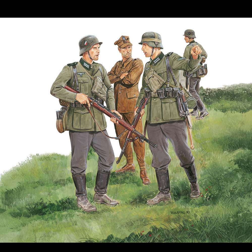 Illustrated scene of four World War II German soldiers standing on a grassy hillside, wearing olive drab and grey uniforms with helmets and boots, one in a brown uniform standing behind them. Dragon 28th Infantry Division Poland 1939 1:35 Scale Plastic Figure Model Kit