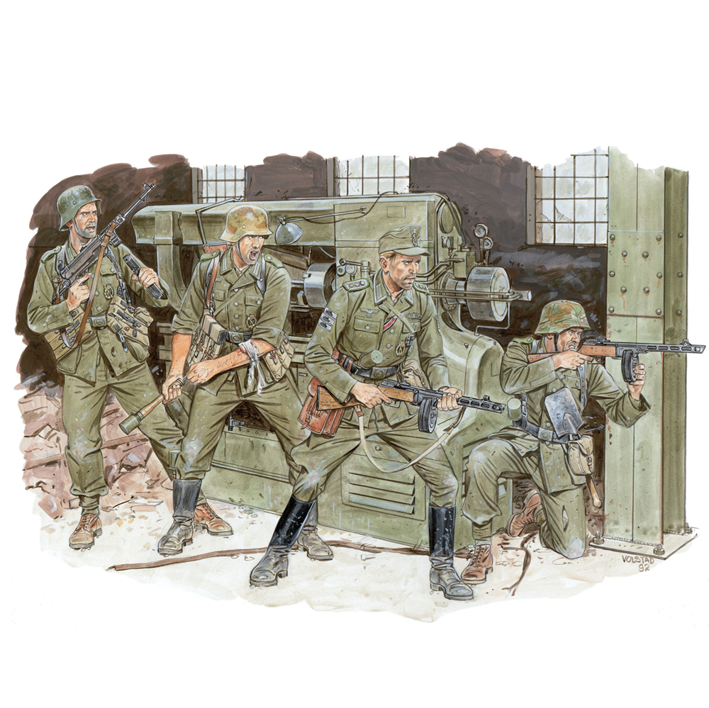Illustration of soldiers with weapons in a wartime setting