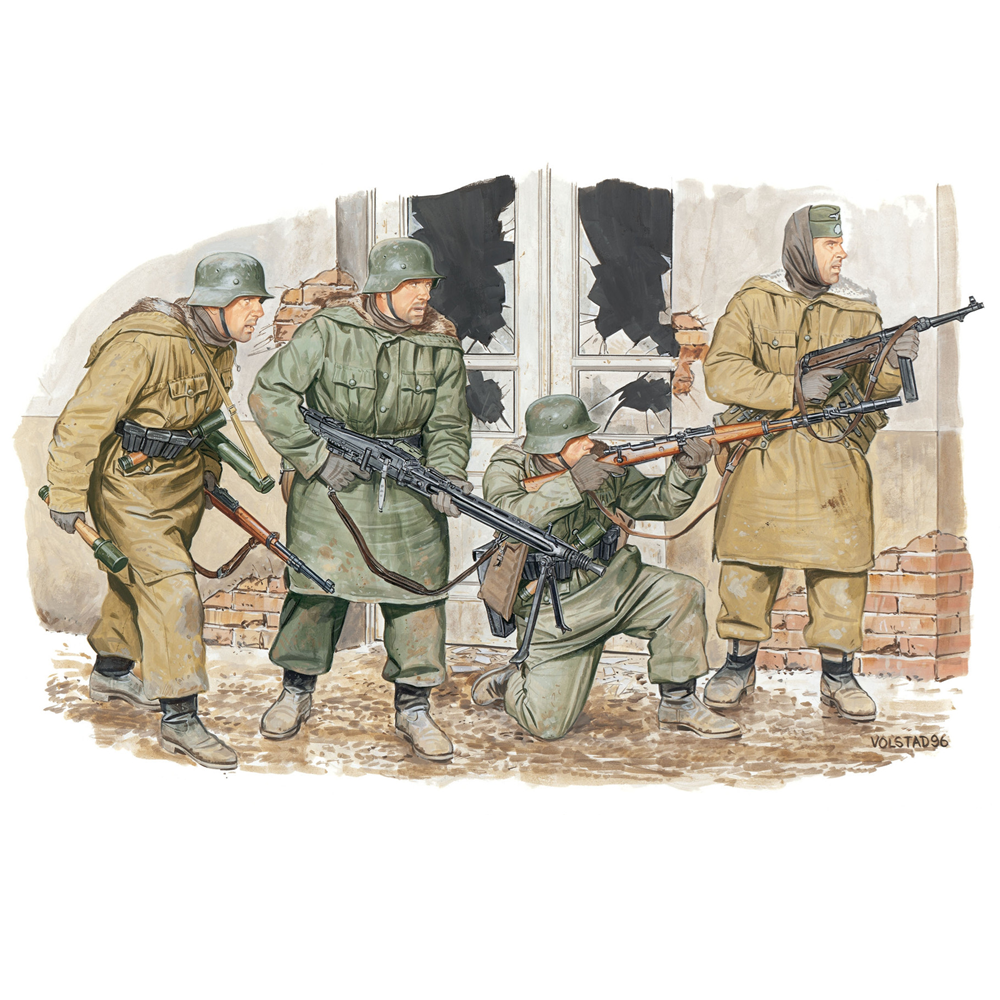Illustration of four soldiers in winter uniforms with rifles, standing in front of a building with broken windows.