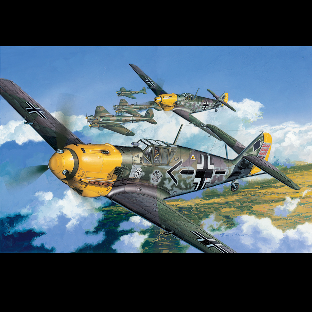 A painted aerial battle scene showing three vintage military fighter planes flying through clouds, with a blue sky and land below. The artwork fills the frame and appears to be the product itself rather than a photo of a physical item in packaging. Dragon Messerschmitt Bf 109E-4 WWII German fighter plane 1:48 scale plastic model kit