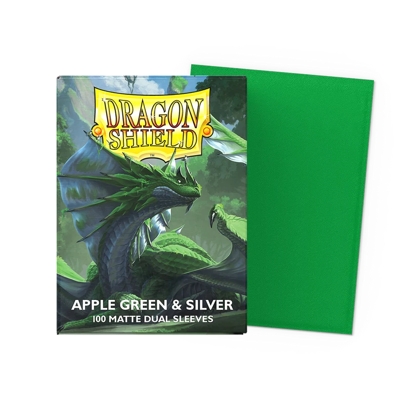 Dragon Shield brand Apple Green & Silver 100 matte dual sleeves, shown with the illustrated sleeve packaging in front and a translucent green sleeve behind it on a white background. Dragon Shield Apple Green & Silver Matte Dual Sleeves