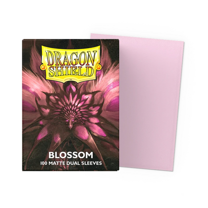 Dragon Shield blossom pink card sleeves with packaging on a white background. Dragon Shield Blossom Matte Dual Sleeves