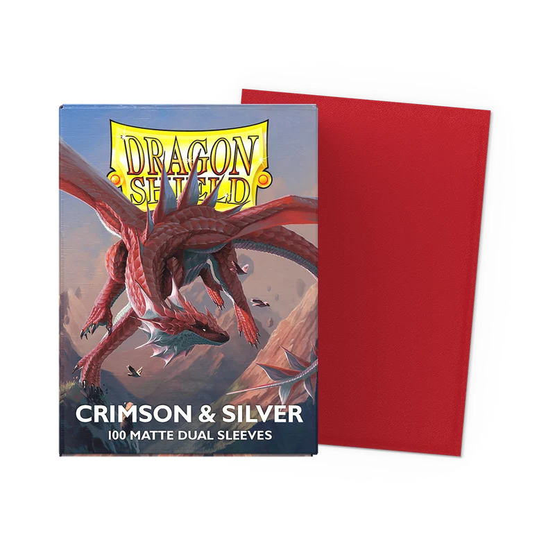 Dragon Shield Crimson & Silver protective sleeves with packaging on a white background. Dragon Shield  Crimson & Silver Matte Dual Sleeves