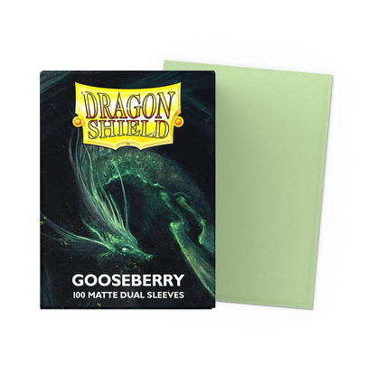 Dragon Shield card sleeves packaging with a green sleeve on a white background. Dragon Shield Gooseberry Matte Dual Sleeves