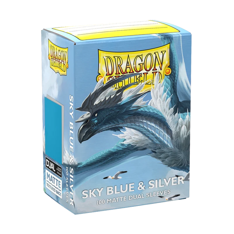 Dragon Shield packaging for sky blue and silver sleeves on a white background. Dragon Shield Sky Blue & Silver Matte Dual Sleeves