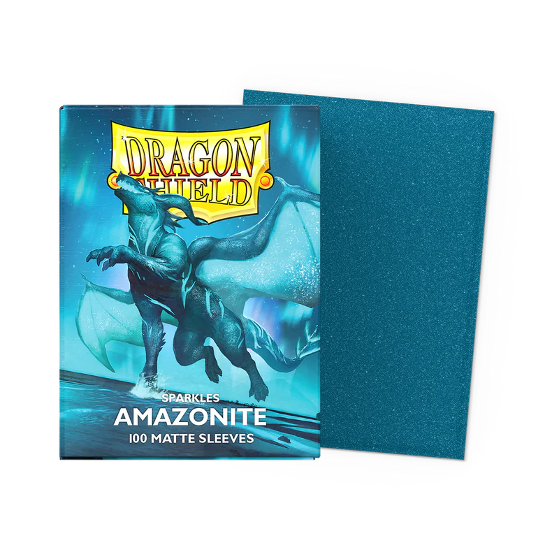 Dragon Shield card sleeves with a blue dragon illustration on a white background. Dragon Shield Sparkles Amazonite Matte Sleeves
