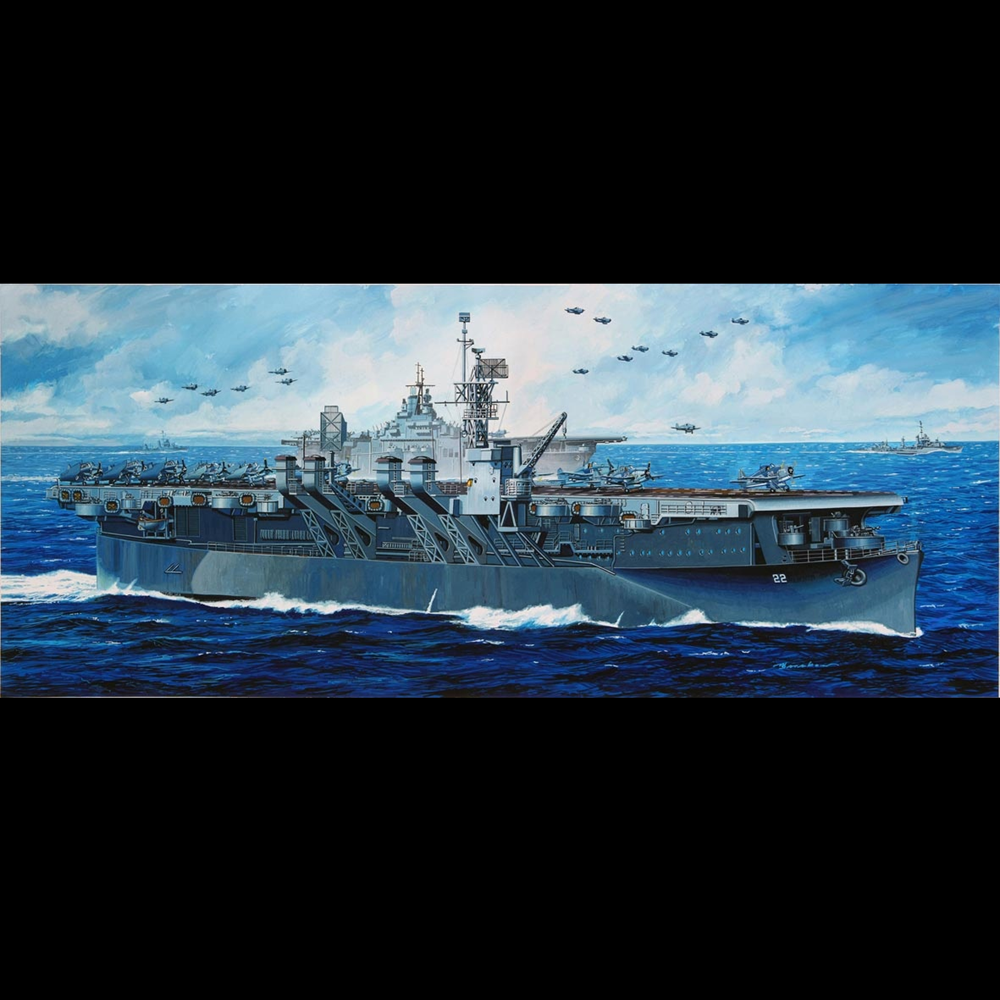 A painted naval scene showing a large gray aircraft carrier sailing in deep blue ocean waters under a cloudy sky, with several aircraft visible in the distance. Dragon U.S.S. Independence CVL-22 1:350 Scale Aircraft Carrier Plastic Model Kit