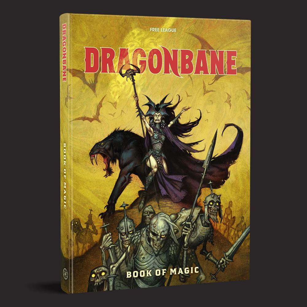 Dragonbane: Book of Magic tabletop gaming box set by Free League, featuring fantasy cover art of a dark-haired warrior on a black beast against a glowing yellow background. Dragonbane Book of Magic - Fantasy RPG Expansion