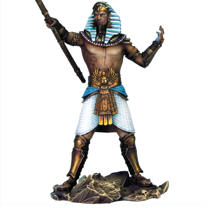 An Egyptian-style god holding a staff, wearing metal leg and arm guards, an ornate belt, and headdress, standing approximately 80mm tall, cast in resin.