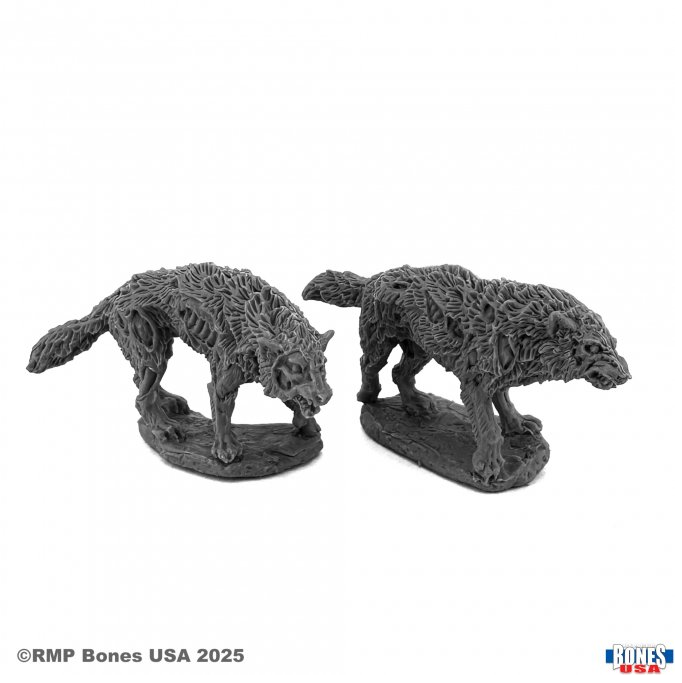 Dread Wolves (30204). A haunting Bones USA miniature set featuring undead wolves with eerie details. Perfect for fantasy RPGs and wargames.

