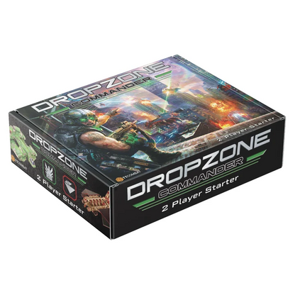 Dropzone Commander 2 Player Starter game box on a plain white background, showing illustrated sci-fi combat artwork and the product title prominently on the front and side panels. Dropzone Commander 2-Player Starter Box TTCombat UCM and Bioficers 68 plastic miniatures