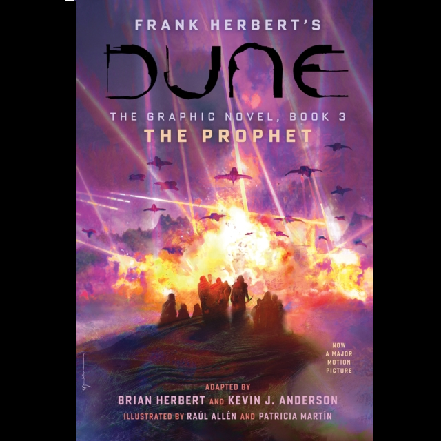 Dune The Prophet Vol 3. purple back ground with dark silhouettes of people on a hill as dark shape flying machines drop bombs making a large yellow area in the centre