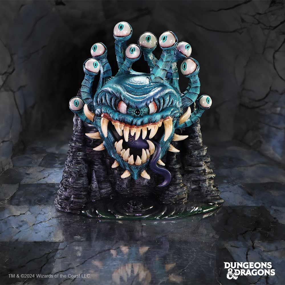 Dungeons & Dragons Beholder Box, officially licensed Dungeons and Dragons merchandise.  A blue beholder with many eyes and open sharp toothed mouth upon a rock 