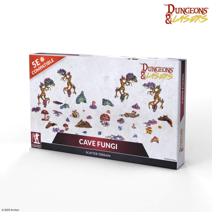 Dungeons & Lasers Cave Fungi Scatter Terrain. Cave Fungi scatter terrain by Archon Studio. 82 plastic scenic props including mushrooms, fungal growth and skeleton details