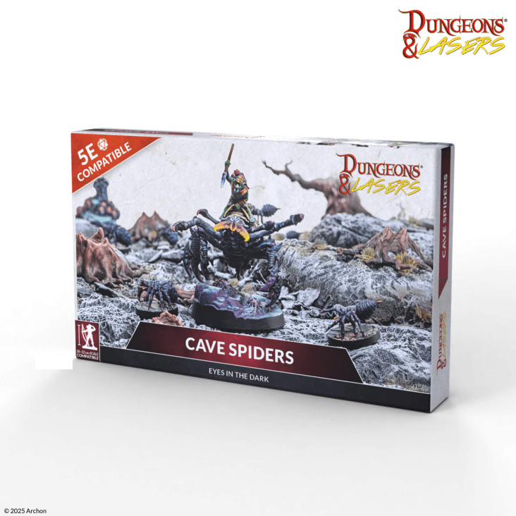 Dungeons & Lasers game box for Cave Spiders with character and spider illustration on a white background