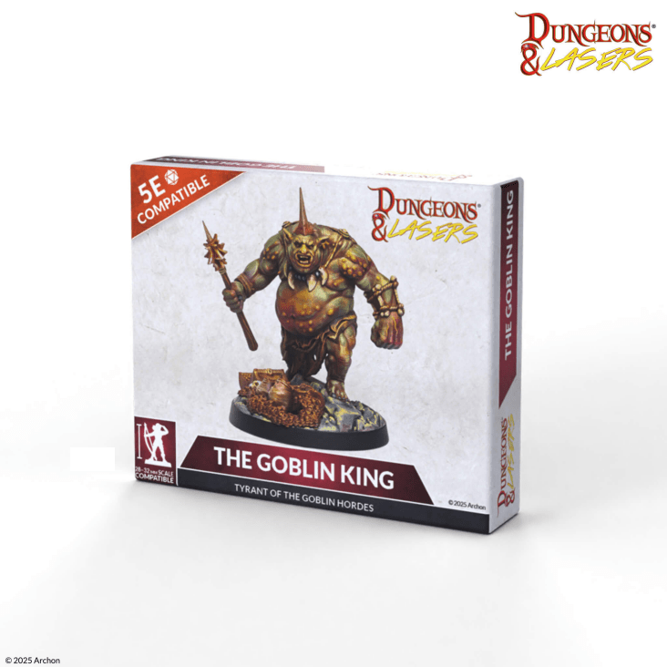 Dungeons & Lasers Goblin King. Goblin King by Archon Studio. 70mm high miniature with scenic base. D&D 5E compatible,