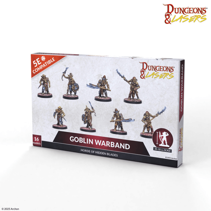 Dungeons & Lasers Goblin Warband. Includes 16 goblin miniatures with scenic bases. 28–32mm scale, D&D 5E compatible