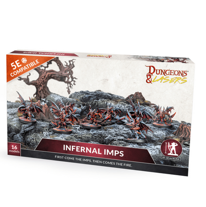 Infernal Imps by Archon Studio. 16 plastic miniatures with 35 scenic bases. 28–32mm scale, D&D 5E compatible.