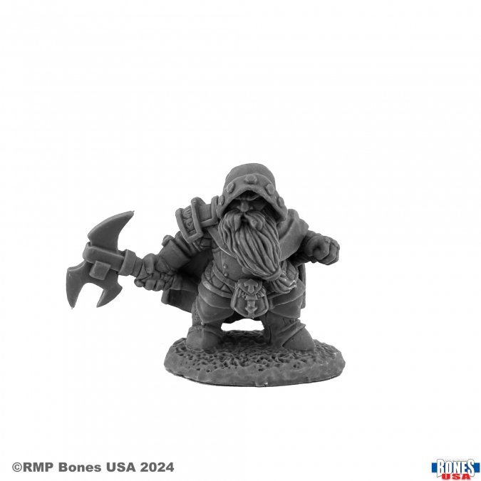 Durok, Dwarf Ranger (30206). A rugged Bones USA miniature featuring a hooded dwarf ranger wielding a mighty axe. Perfect for RPGs, wargames, and collectors.
