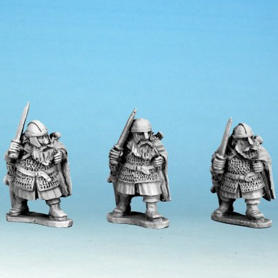 Crusader Miniatures Dwarf Rangers. Three metal figurines of dwarves with Armor and weapons on a blue background