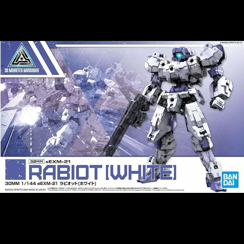 Box art for 30MM EEXM-21 Rabiot White Gunpla. A 1/144 scale model featuring articulated joints, beam shotgun, and sticker details. Unpainted and poseable.