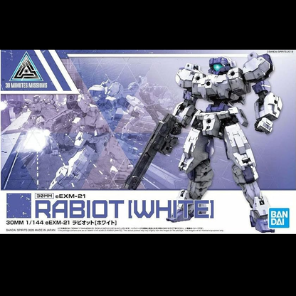 Box art for 30MM EEXM-21 Rabiot White Gunpla. A 1/144 scale model featuring articulated joints, beam shotgun, and sticker details. Unpainted and poseable.