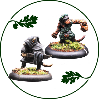 Two painted fantasy tabletop miniatures on round bases with grassy moss, shown against a white background with a dark green circular border and leaf motifs. One figure is cloaked and holding a bow, the other is crouched and holding a cup. Earthfolk Brathaid and Shocrath by Oakbound Studio