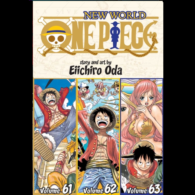 East Blue One Piece Omnibus Edition Vol 21 graphic novel. three panels of different scenes. first shows a young boy wearing blue jeans jumping in the air, the second has the same boy smiling and raising his hand, the third shows the boy tied with rope and a mermaid with pink hair