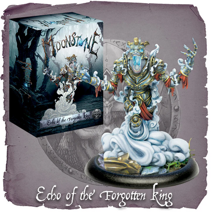 Echo of the Forgotten King Moonstone resin miniature with swirling smoke, ornate armour and menacing pose, supplied unpainted