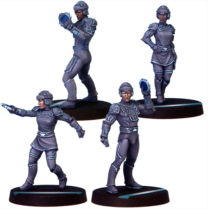 Electron Gladiators by Crooked Dice, a pack of four white metal miniatures for your tabletop games representing sci fi game players in various poses