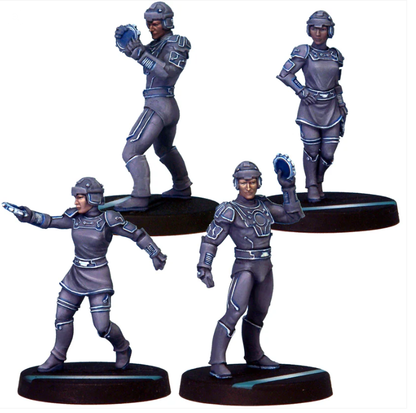 Electron Gladiators by Crooked Dice, a pack of four white metal miniatures for your tabletop games representing sci fi game players in various poses