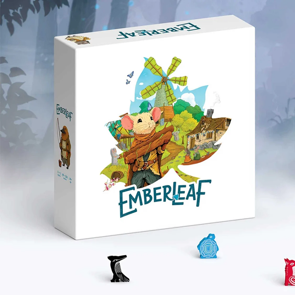 Emberleaf – Card-Dancing, Tile Placement & Engine-Building Board Game. Board game box for 'Emberleaf' with colourful graphics and branding.