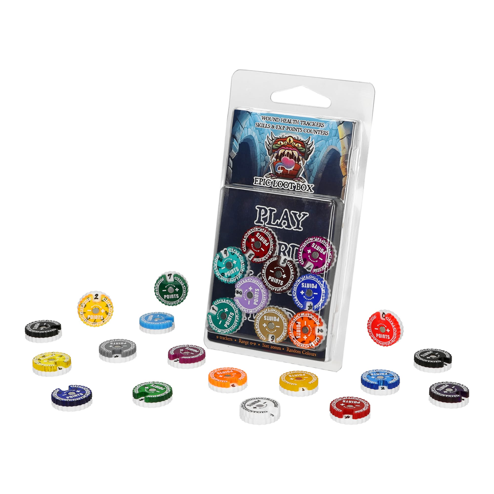 Set of colourful game chips with a packaging box labelled 'Play Riot' on a white background. 20mm Acrylic Trackers & Counters 0-9 Magnetic Set