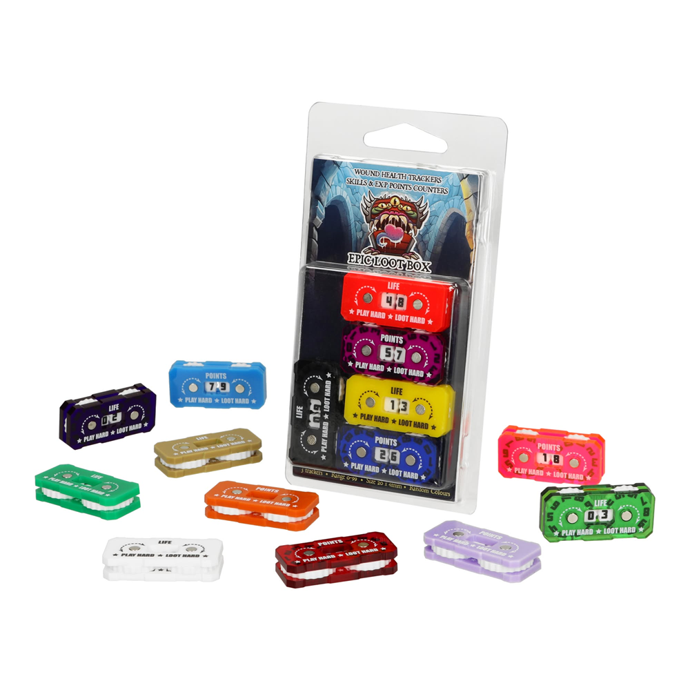 Assorted colourful mini cassette tapes with packaging on a white background.   Epic Loot Box Trackers & Counters 0-99 Magnetic Acrylic Gaming Counters 20x41mm 