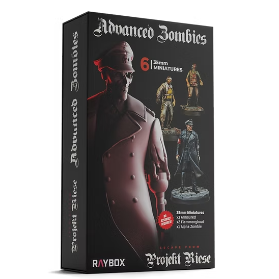 Box of 'Advanced Zombies' miniatures featuring a character in a trench coat with 'Raybox' branding. Escape from Projekt Riese Advanced Zombies plastic miniature set