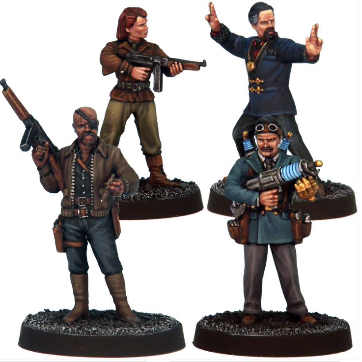 Esoteric Agents by Crooked Dice, a pack of four white metal miniatures for your tabletop games representing various shield agents including a weird doctor, scientist with a coil backpack, cool man with eye patch and gun and a female also holding a gun