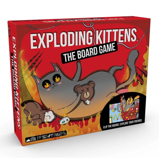The board game box for 'Exploding Kittens' shown at a three-quarter angle on a white background. The red box features cartoon illustrations of an exploding gray cat, a burning teddy bear, and flames. Exploding Kittens The Board Game with pop-up 3D game board cards and character standees