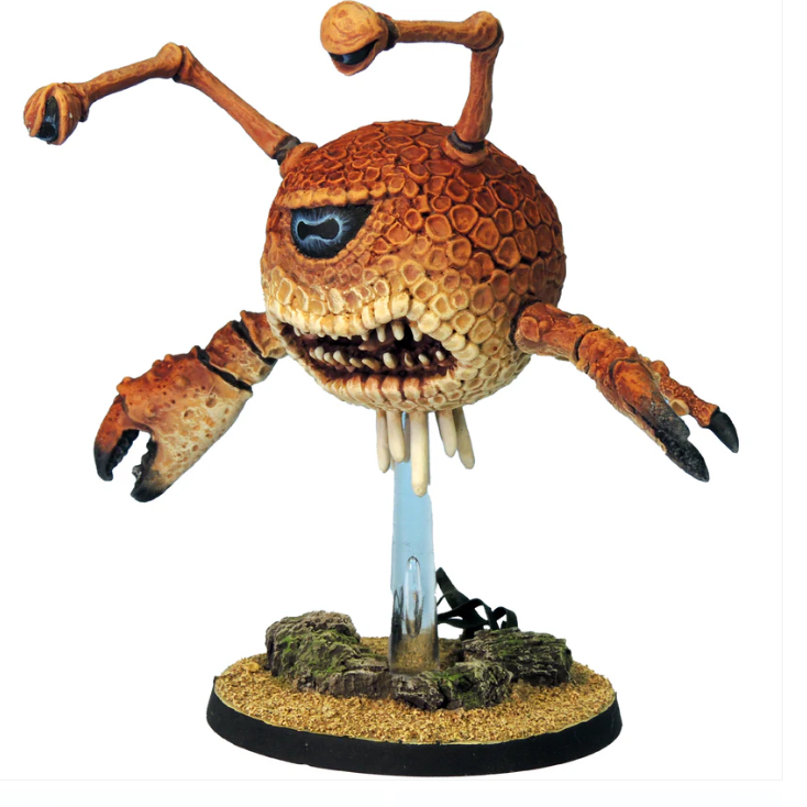 Eye of the Deep by Crooked Dice. Resin miniature of a multi-eyed creature with crab-like arms, large tooth-filled mouth, and two eye stalks, posed ready for action on a plastic base.
