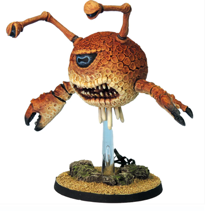 Eye of the Deep by Crooked Dice. Resin miniature of a multi-eyed creature with crab-like arms, large tooth-filled mouth, and two eye stalks, posed ready for action on a plastic base.