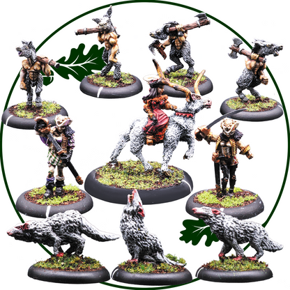 A set of fantasy tabletop miniatures painted in gray, white, black, and red, arranged on circular bases with grassy terrain. The group includes wolf-like figures, a horned beast, and armored characters, shown against a white background with a green circular border and leaf graphics. Fairfolk Warband Pack by Oakbound Studio