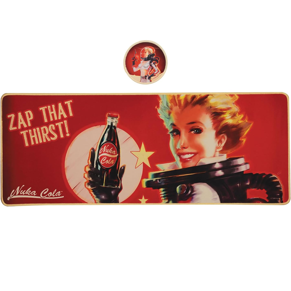 Vintage-style Nuka Cola sign with a woman holding a phone and a bottle, on a white background.