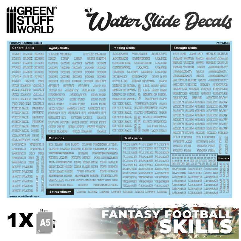 A5 sheet of Fantasy Football Skills Decals, featuring detailed waterslide transfers for Blood Bowl skill rings, enhancing gameplay clarity and strategic depth.
