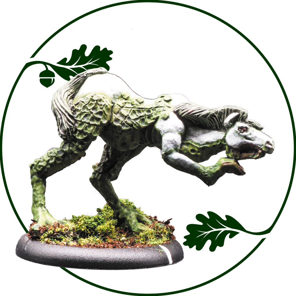 A painted fantasy creature miniature, likely a stag or deer-like beast, shown in a crouching pose on a textured mossy base. The figure is covered in green moss-like texture with brown and gray  weathered areas. Fenfolk Kelpie by Oakbound Studio 