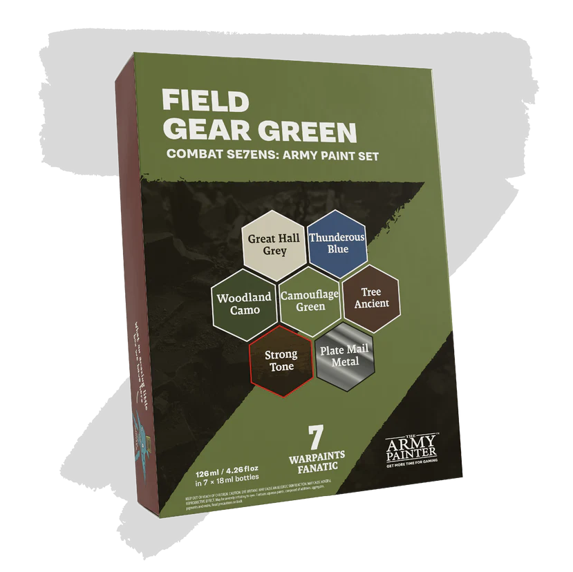 Army Painter Field Gear Green paint set packaging on a white background. Field Gear Green - The Army Painter Combat Se7ens Paint Set