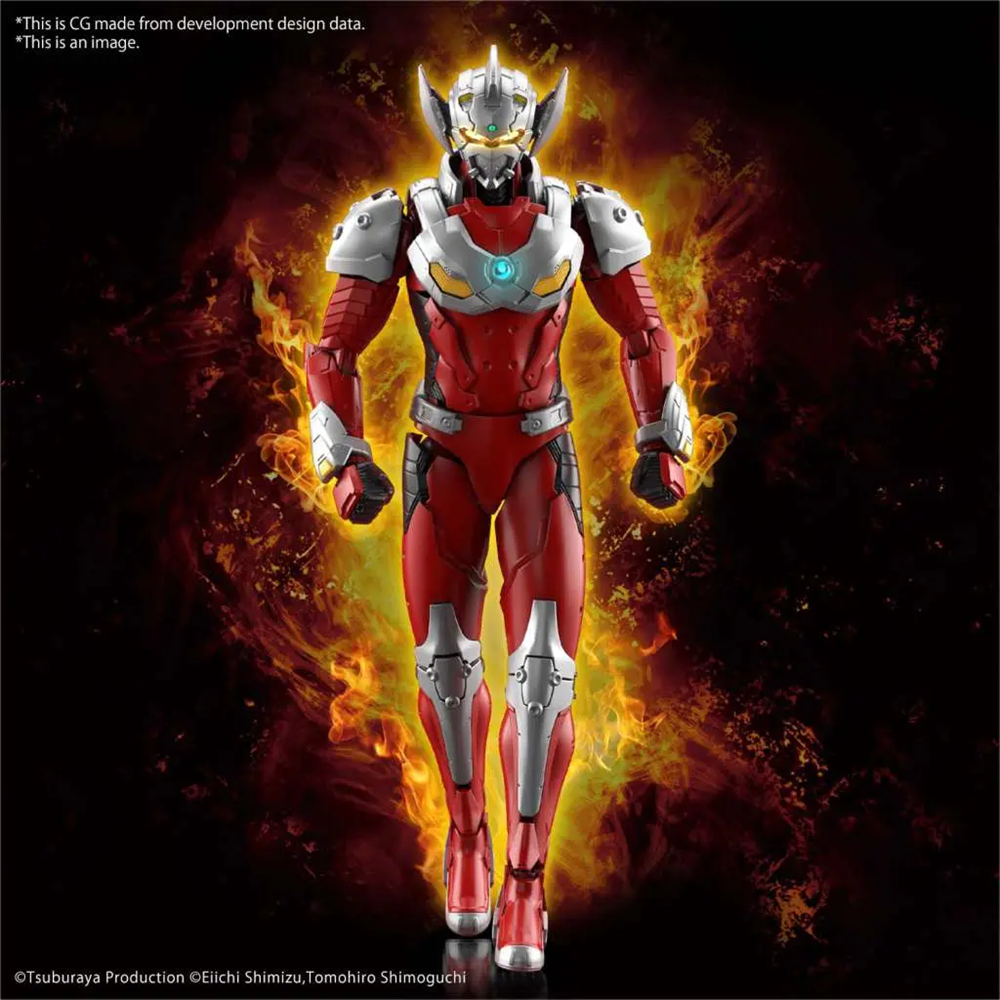 Superhero figure with red and silver suit on a fiery background. Figure Rise Ultraman Suit Taro Action