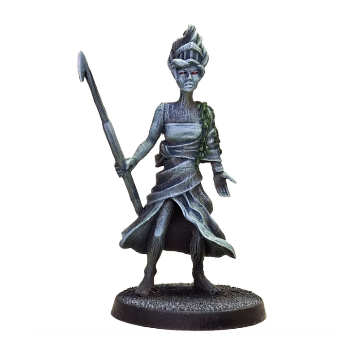 Figurehead miniature by Crooked Dice features a 5cm detailed white metal figure, ideal for tabletop RPGs and dioramas, provided unpainted and requiring assembly.