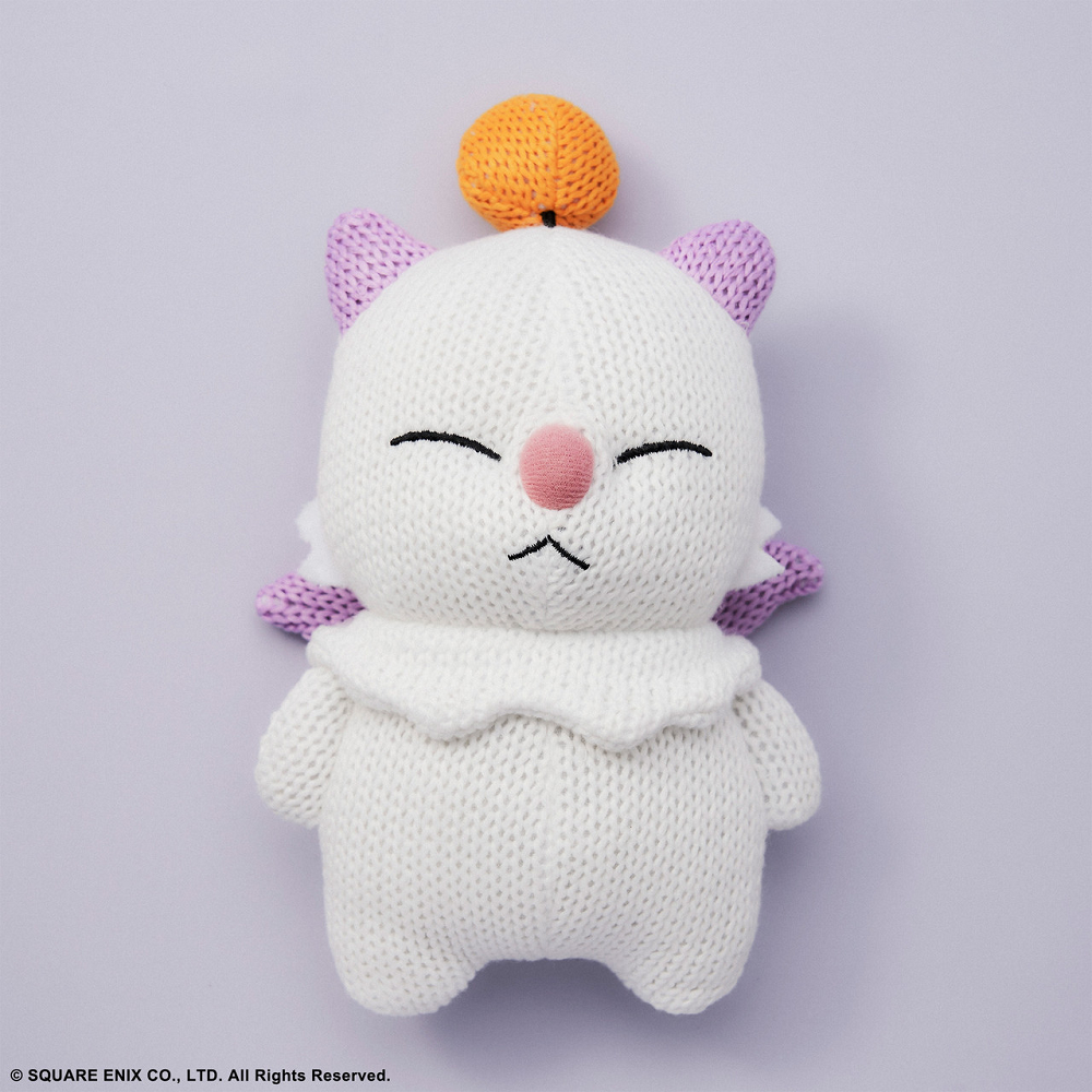Final Fantasy Knitted Plush – Moogle. White plush toy with purple accents on a light grey background